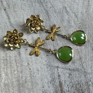 Green Art Deco Dangle Earrings With Gold Tone Dragonflies And‎ Roses NEW
